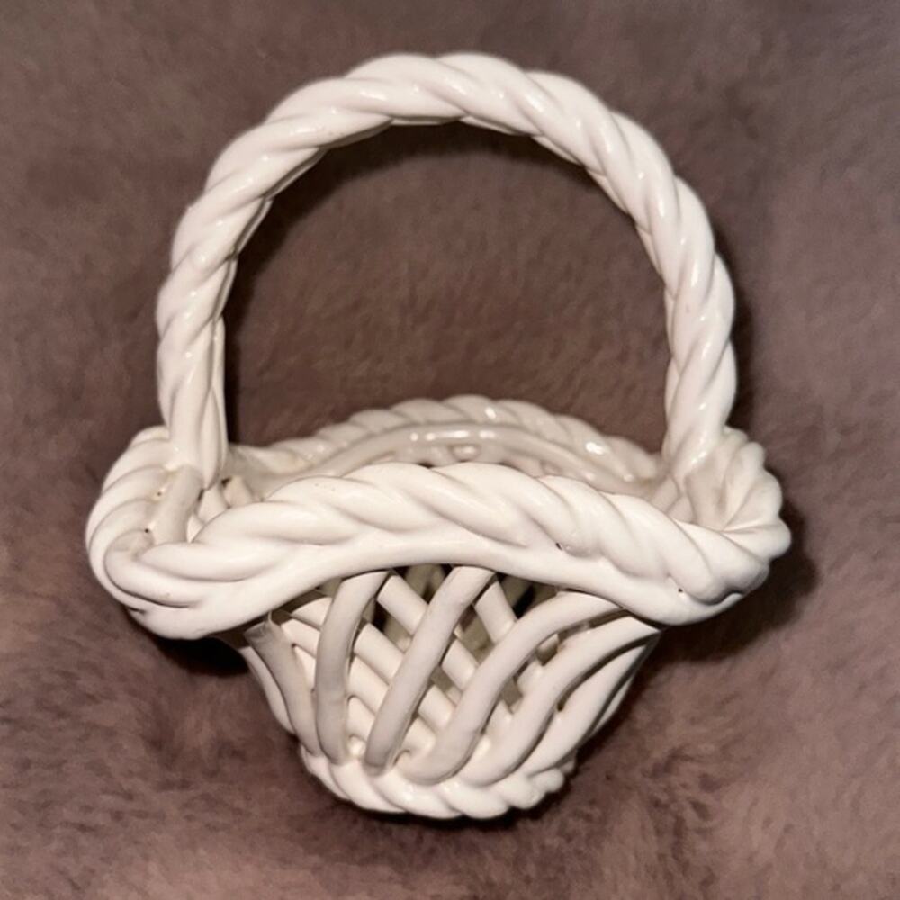 Vintage Handmade Italian White Lattice Woven Ceramic Basket